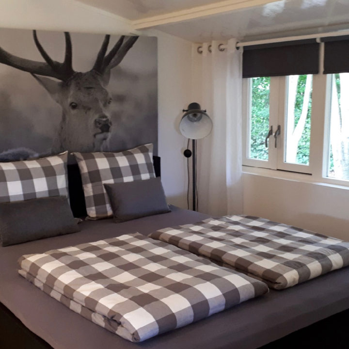 Een opgemaakt bed met open ramen en een grote foto van een hert aan de muur