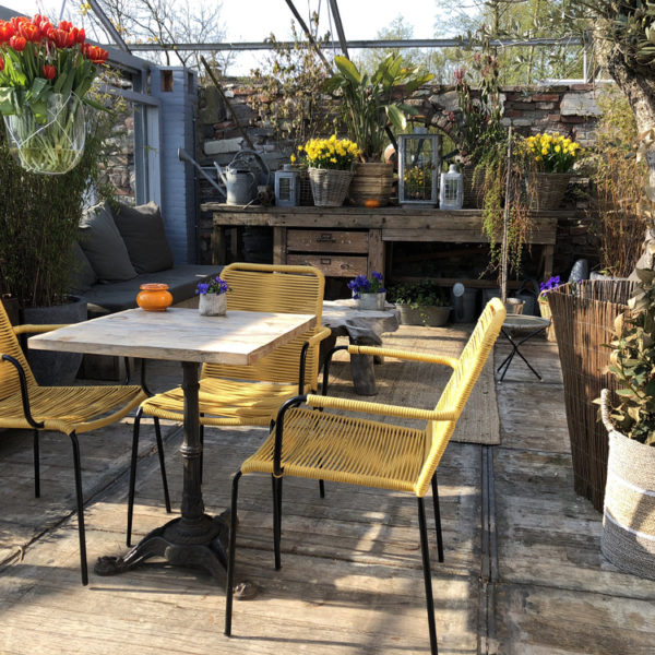 De serre van restaurant Como & Co met gele stoelen en bossen voorjaarsbloemen
