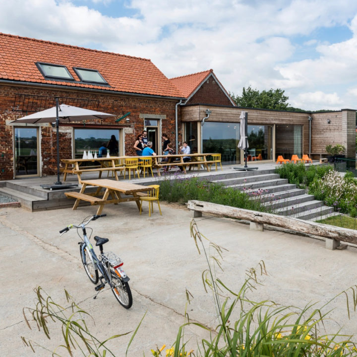 Tuin van het vakantiehuis met een groot terras en trappen naar het gras