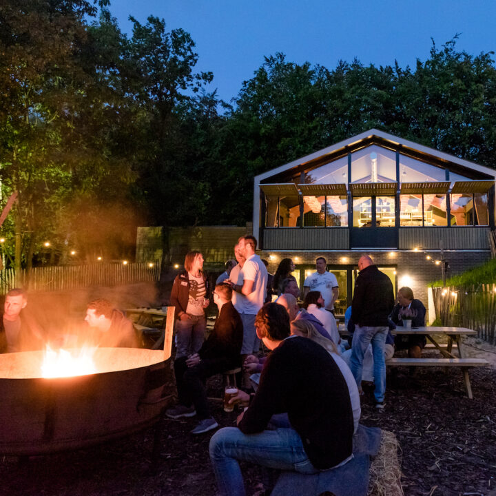 Feestje in de avond met kampvuur