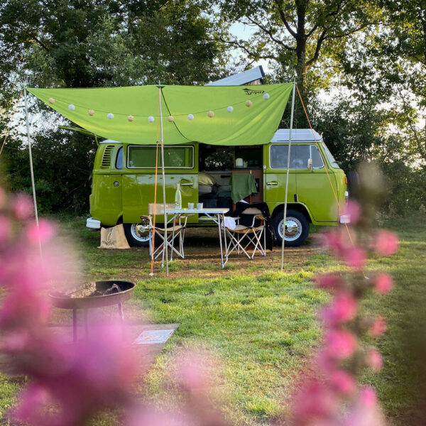 Groen Volkswagenbusje op de camping